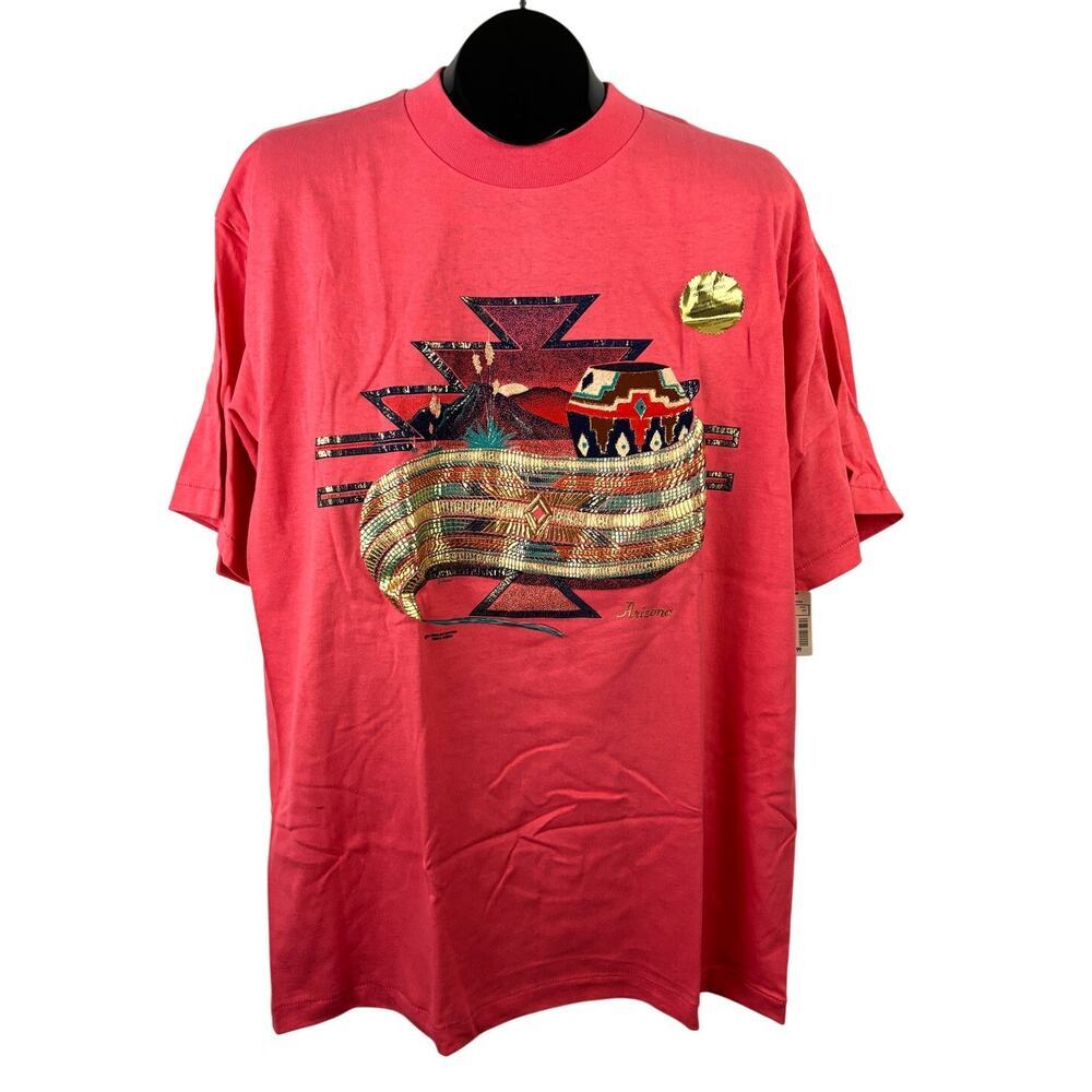 VTG Arizona Single Stitch‎ Crewneck T-Shirt Coral Southwestern Textured Art 90s